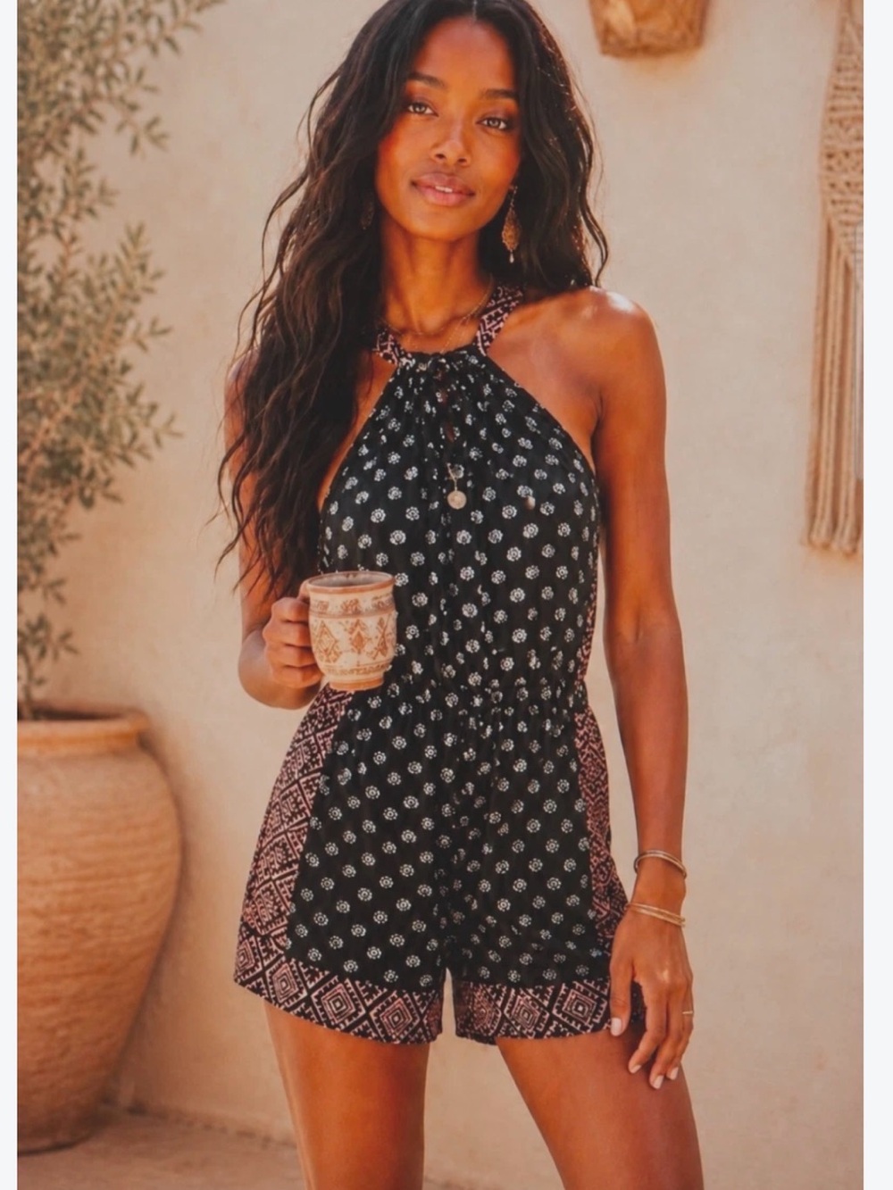Splendid Black Printed Halter Romper with Contrast Panels